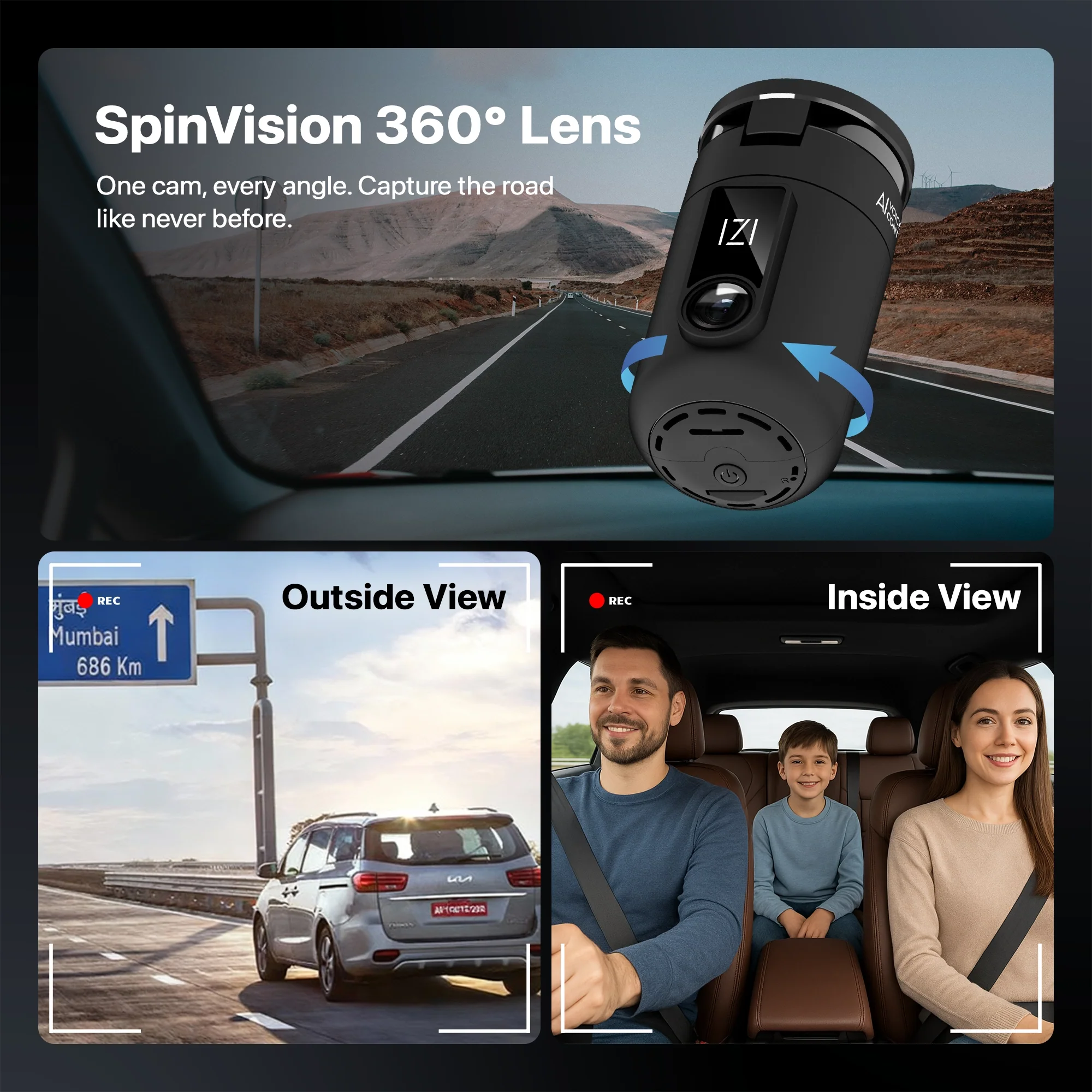 IZI Drive360 Car Dashcam | 360° SpinVision Lens | AI Voice Control | NightSafe HD | 170° Wide Lens | Parking Guard - Image 5