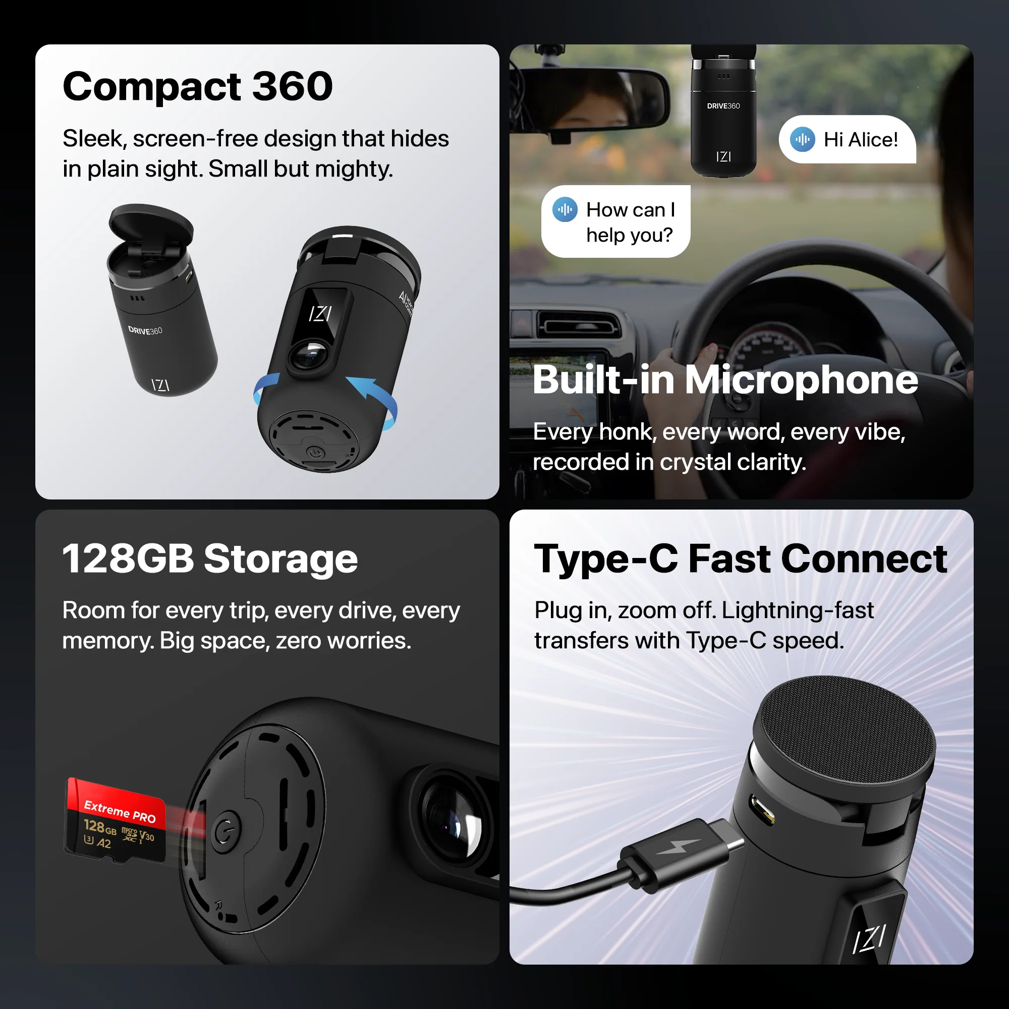 IZI Drive360 Car Dashcam | 360° SpinVision Lens | AI Voice Control | NightSafe HD | 170° Wide Lens | Parking Guard - Image 9