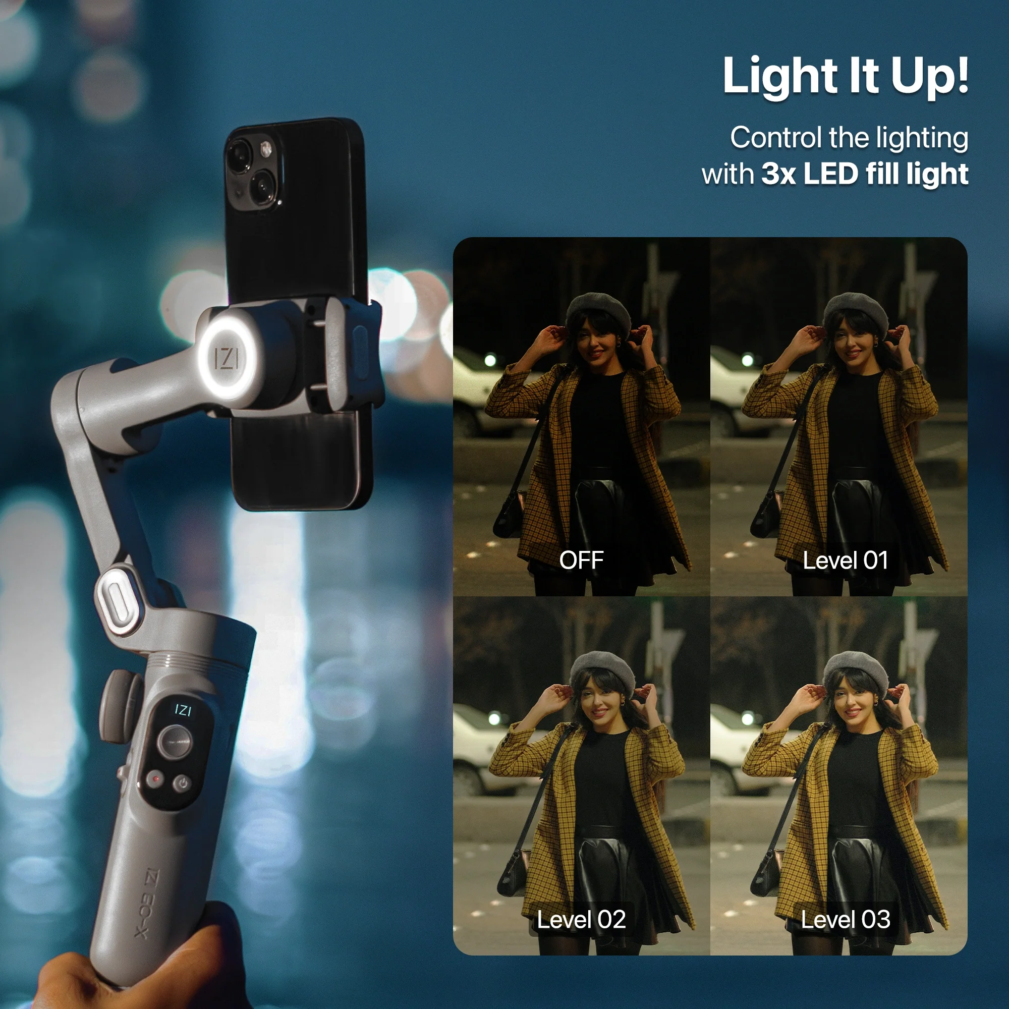 IZI GO-X 3-Axis Smartphone Gimbal with Wireless Charging, Creative Modes, OLED Display, AI Face Tracking & 10H Battery - Image 6