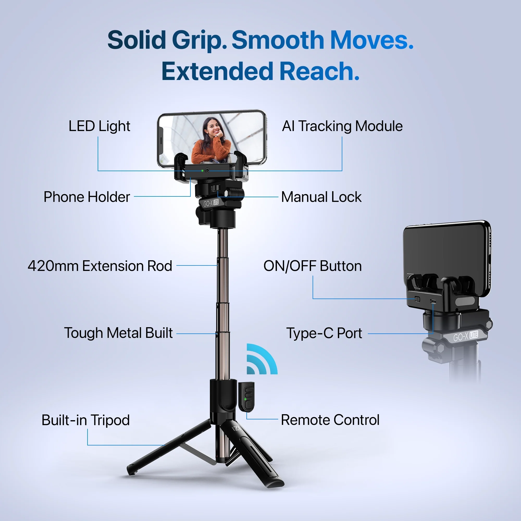 IZI GO X Lite Smartphone Gimbal Stabilizer with Built in Extendable Telescopic Rod | AI Tracking & Remote Control | 6H Battery - Image 4