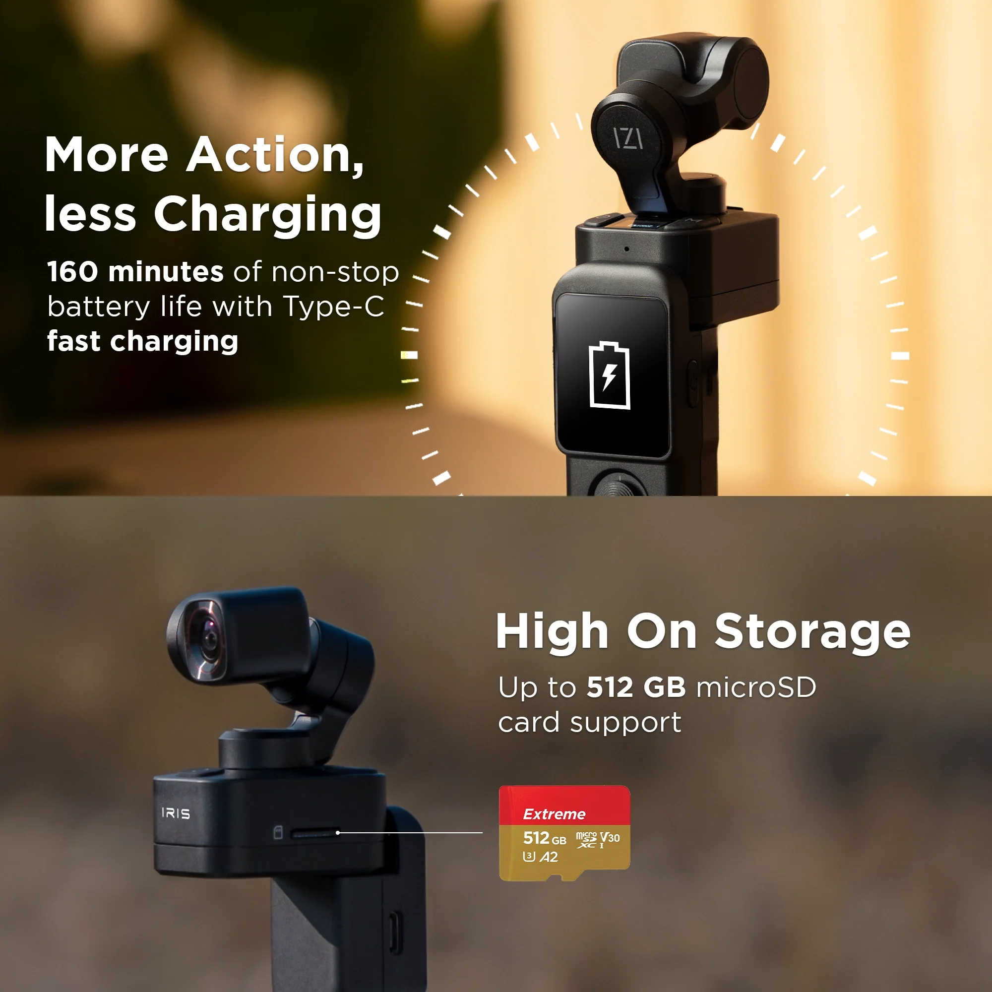 IZI IRIS Pocket Gimbal Camera with 4K 60FPS 1/1.3" CMOS Sensor, Detachable 3-Axis Stabilizer, AI Tracking & 160 Min Battery - Image 8