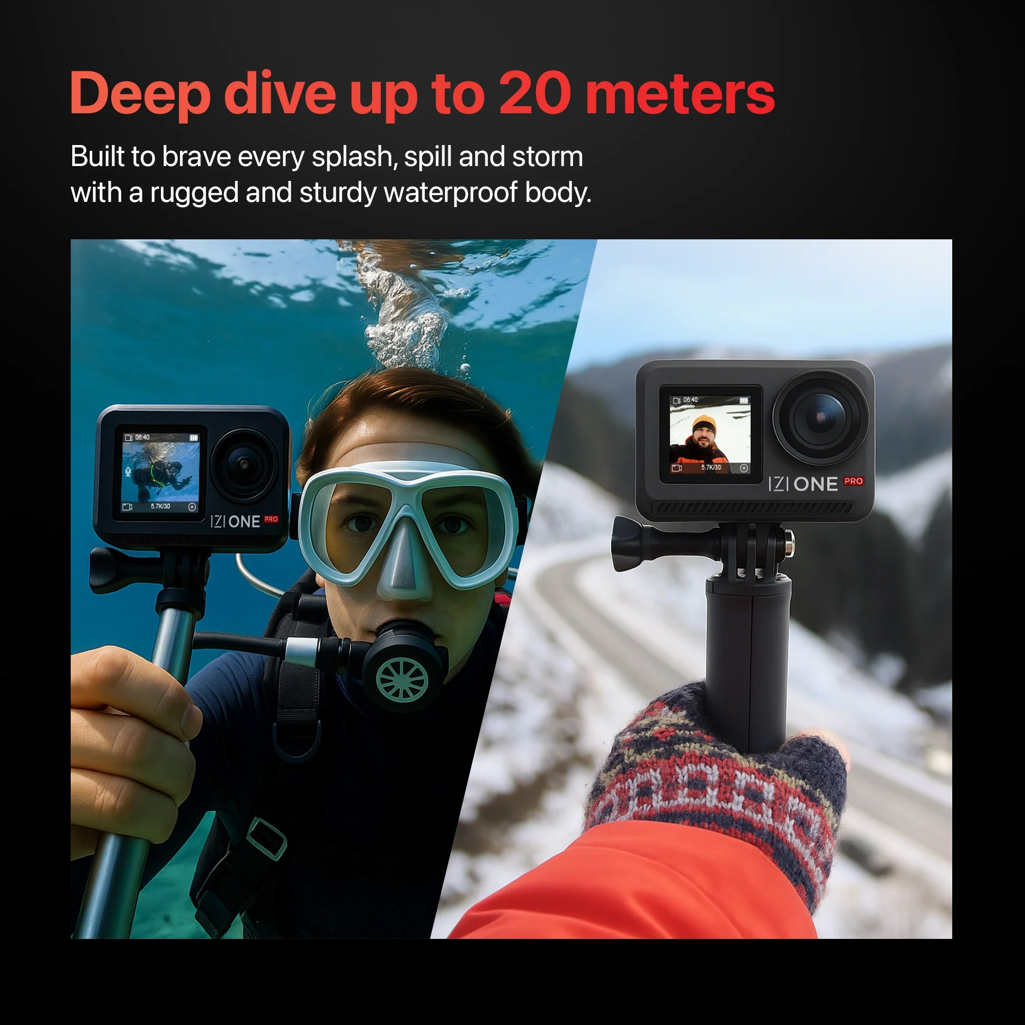 IZI One Pro 5.7K Action Camera with Sony STARVIS Sensor, 6-Axis Stabilization, 20M Waterproof, Dual Screens, 240 Min Battery - Image 5