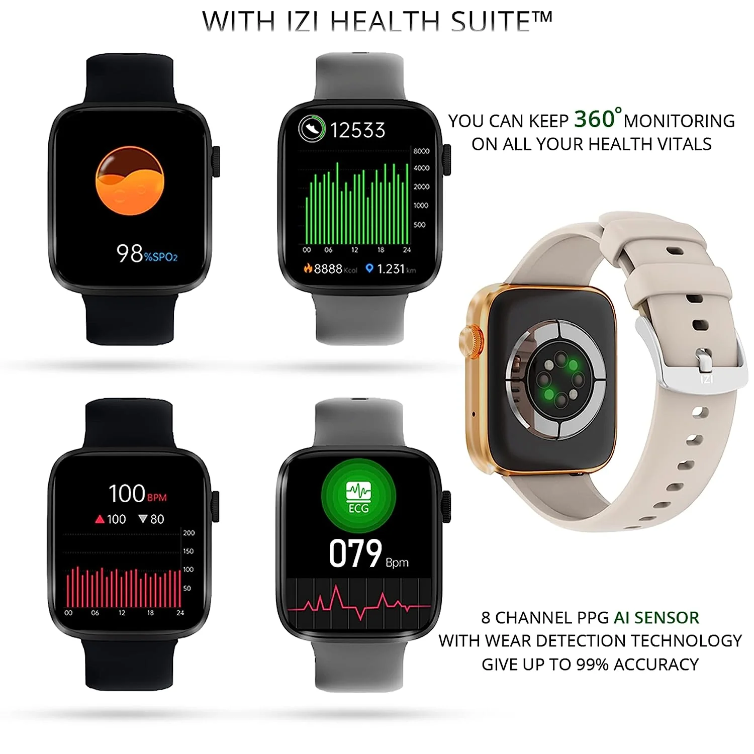 IZI Smart Pro with a 1.92" Retina Display, Bluetooth Calling, Always-On Display, AI Voice Assistant, Activity Tracker,ECG,SpO2,BP Monitoring, 5-Day Battery Life, and 2 Premium Interchangeable Straps. - Image 7
