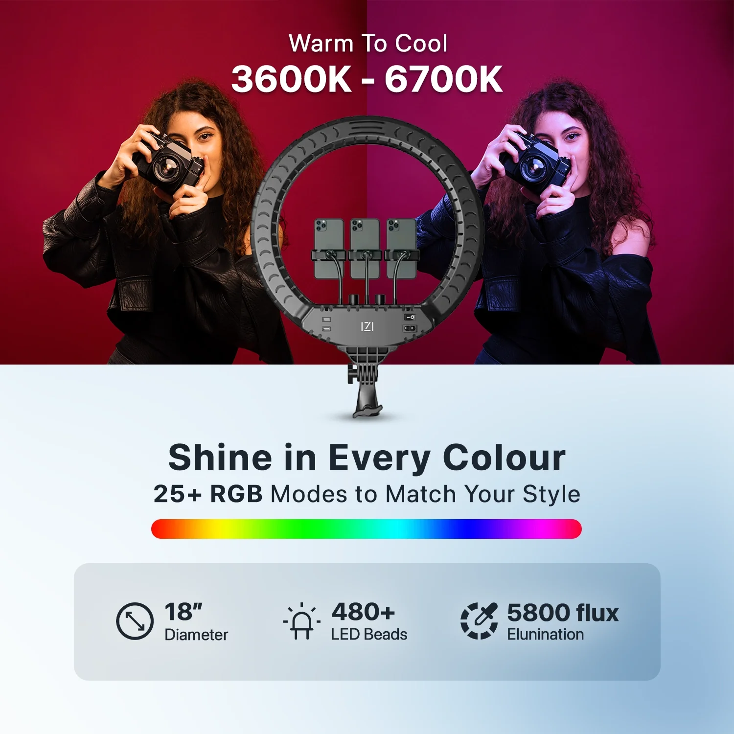 IZI RGB LED 18 Inch Ring Light, 28+ Multicolor Modes with Anti skid base for YouTube, Photo Video Shoots, Live Streaming, Makeup, iPhone/Android Phone & Camera Compatible, Without Tripod - Image 5